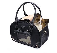 a small dog sitting in a black purse