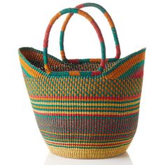 Large Vegan Shopping Tote Multicolor Basket Multicolor Basket Bag With Handles, Eco-friendly Multicolor Woven Shoulder Bag, Eco-friendly Multicolor Woven Bag, Artisan Multicolor Straw Bag, Fair Trade, Eco-friendly Multicolor Handwoven Bucket Bag, Vegan Shopping, Basket Tote, Shopping Tote, Leather Handles