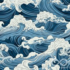 an artistic blue and white pattern with waves