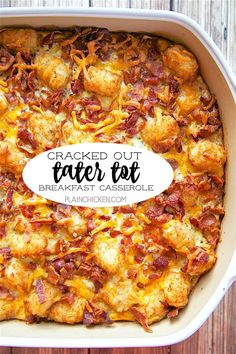 baked out tater tot casserole in a white dish on a wooden table