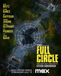 an aerial view of a circular structure with the words full circle in yellow and black