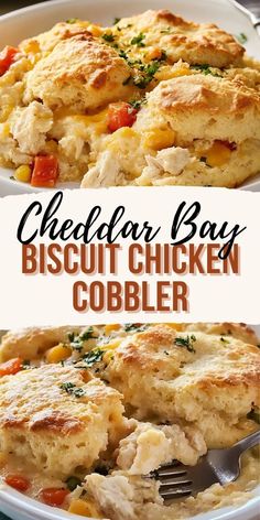 two images of chicken and biscuit casserole with text overlay that reads, cheddar bay biscuit chicken cobbler