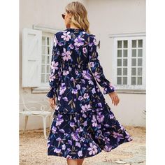 The dress showcases a deep V-neckline, long sleeves, and charming ruffle details, all complemented by a cute floral print and tiered ruffle trim. Its regular fit and high waist design enhance summer leg comfort while elongating your legs. Long Sleeve Ruffle Hem Dress For Vacation, Long Sleeve Purple Dress With Ruffle Hem, Purple Long Sleeve Dress With Ruffle Hem, Summer Legs, Womens Muscle Tank, Sheer Maxi Dress, Boho Midi Dress, Women's Muscle, Chiffon Midi Dress