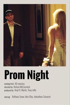 the poster for prom night shows a man in a suit and woman in a dress