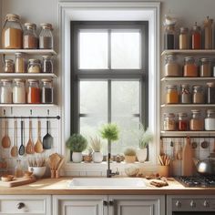 a kitchen filled with lots of different types of cooking utensils and jars on the wall