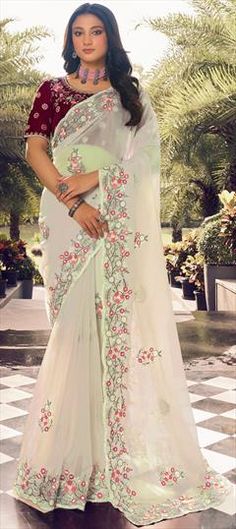 White and Off White color Saree in Organza Silk fabric with Embroidered, Sequence, Thread work Bollywood Style White Traditional Wear For Ceremony, Bollywood Traditional White Wear For Ceremony, White Embroidered Traditional Wear For Ceremony, White Traditional Wear With Chikankari Embroidery For Ceremony, White Zari Work Dupatta For Ceremony, White Dupatta With Zari Work For Ceremony, White Dupatta With Pallu For Ceremony, Traditional White Ceremony Wear With Traditional Drape, White Traditional Wear For Ceremonies And Festivals