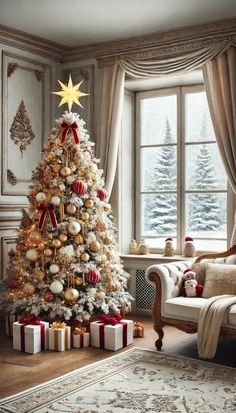 a decorated christmas tree in front of a window