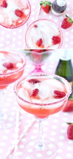 two glasses filled with ice and strawberries on top of a pink table covered in polka dots