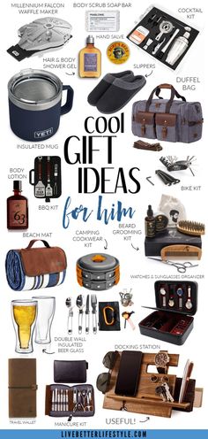 a poster with the words cool gift ideas for him on it and pictures of various items