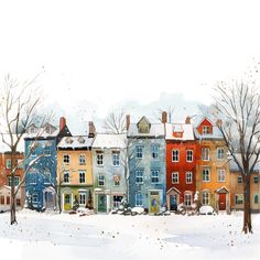 watercolor painting of houses in winter with snow on the ground and trees around them