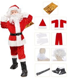 PRICES MAY VARY. 100% Polyester Value Package: The 9PCS Child Santa Suit includes red plush Santa zipper coat, pants, Santa hat, adjustable belt, boots with white fluffy cuffs, gloves, gold gift bag, wig and beard. Best Christmas Gift for Child: Every child loves Christmas and Santa Clause. So why don't you offer them a opportunity to become Santa Clause in this Christmas? It must be very funny. Soft Material: Made of high quality flocking fabrics, warm and comfortable. Eco-friendly to your kid' Diy Christmas Costumes For Kids, Red Christmas Costume Hat For Party, Kids Santa Costume, Toddler Santa Dress, Santa Suits For Sale, Belt Boots, Santa Claus Suit, Outfit For Kids, Fancy Ball