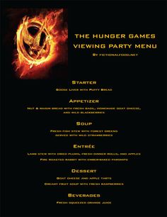 the dinner menu for the upcoming movie, the hunger games viewing party menu is shown