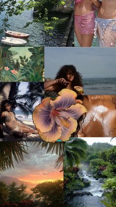 the collage has pictures of women in swimsuits and tropical plants on them