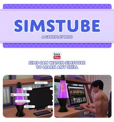 an image of a computer screen with the words simstoube on it and two images