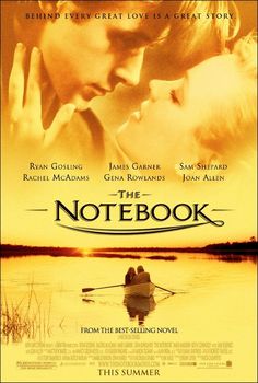 a movie poster for the notebook with two people kissing in front of water and sunset