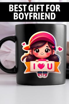 a black coffee mug with the words best gift for boyfriend on it and an image of a