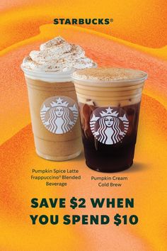 two starbucks drinks are shown in this ad for starbucks's pumpkin spice latte