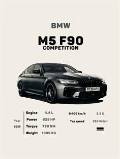 the bmw m5 f90 competition car is shown in black and white, with its price