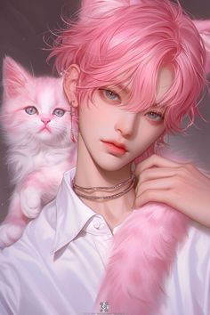 a woman with pink hair holding a cat