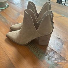 Brand New Never Worn Steve Madden Bootie. Light Tan. Spring Suede Booties With Almond Toe, Spring Suede Slip-on Booties, Spring Closed Toe Boots With Stacked Heel, Spring Slip-on Boots With Stacked Heel, Spring Stacked Heel Closed Toe Boots, Casual Boots With Heel Pull Tab For Spring, Casual Spring Boots With Heel Pull Tab, Spring Suede Booties With Round Toe, Spring Suede Closed Toe Boots