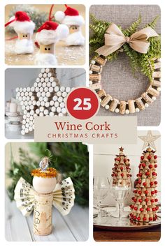 wine cork christmas crafts are featured in this collage