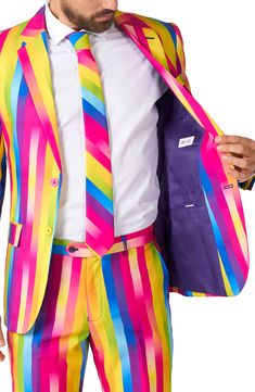 Dazzling in vibrant rainbow stripes, this entrance-making tuxedo pairs with a coordinating tie to finish the standout look. Jacket has notched lapels; four-button cuffs; chest pocket; welt pockets; interior pockets; side vents Trousers have zip fly with button-tab closure; slant pockets; back pockets Jacket is lined Unhemmed 100% polyester Machine wash, line dry Imported Multicolor Fitted Formal Suits, Multicolor Fitted Suits For Formal Occasions, Fitted Multicolor Suits For Party, Multicolor Notch Lapel Blazer For Formal Occasions, Fitted Multicolor Suits For Spring, Tailored Multicolor Formal Blazer, Multicolor Fitted Notch Lapel Blazer, Spring Striped Fitted Suit, Mens Christmas Suit