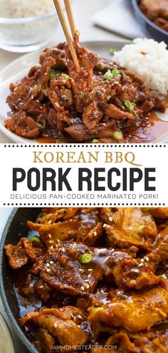 korean bbq pork recipe in a skillet with chopsticks and rice on the side