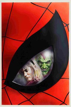 the amazing spider - man and woman face through an open window, in front of a red background