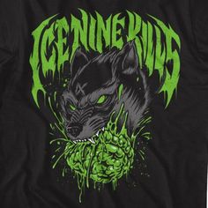 a black t - shirt with green ink on the chest and an image of a wolf