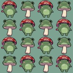 a group of frogs with toad hats on their heads and eyes, sitting in front of a green background