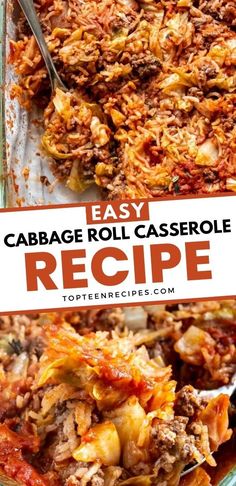 an easy cabbage roll casserole recipe in a glass dish with the title above it