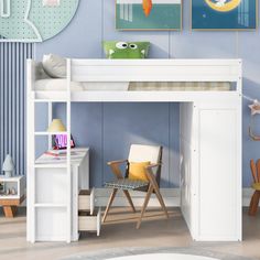 a child's bedroom with blue walls and white bunk bed, desk and chair