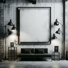 a living room with a couch, lamps and a large poster hanging on the wall