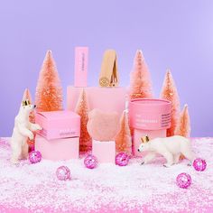 pink christmas decorations with white polar bears and gifts