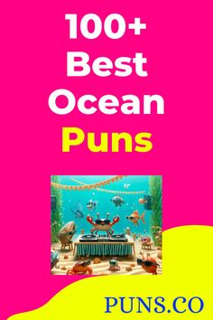 the front cover of an ocean themed party with pink background and yellow text that reads, 100