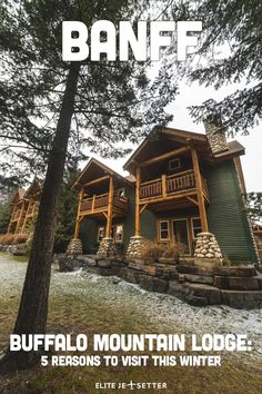 the front cover of banff magazine featuring a log cabin and stone steps leading up to it