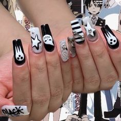 Make And Soul Soul Eater, X On Nails, Black Star Soul Eater Nails, Soul Eater Acrylic Nails, Soul Eater Inspired Nails, Soul Eater Nail Designs, Soul Eater Nails Acrylic, Nail Sets Ideas, Soul Eater Aesthetic