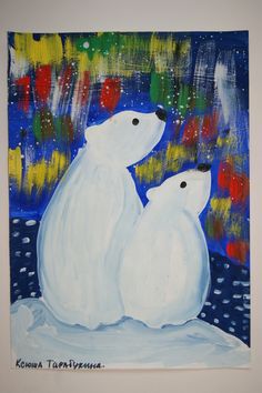 two white polar bears sitting on top of each other in front of a night sky