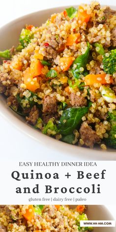 quinoa and beef with broccoli in a white bowl