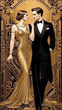 a man in a tuxedo standing next to a woman in a golden dress