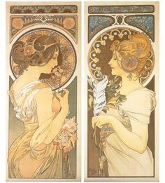 two art nouveauist posters depicting women in white dresses, one holding flowers and the other wearing