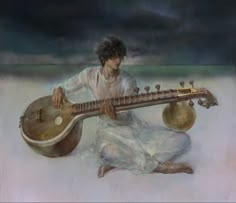 a painting of a man sitting on the ground playing a guitar