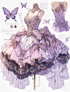 a drawing of a purple dress with butterflies on the top and bottom, as well as instructions for how to make it