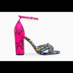 Fun & Fashionable Multi Faux Snake Printed Sandals. Comfy Block Heel Measures @ 4 Inches Pink Adjustable Heels For Party, Adjustable Pink Heels For Party, Trendy Pink Block Heel Sandals, Pink Adjustable High Heels, Pink Heels For Spring, Trendy Pink Ankle Strap Sandals, Trendy Pink Sandals For Night Out, Pink Ankle Strap Heels For Vacation, Trendy Pink Heels For Vacation