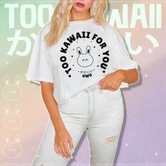 "⚝ Tell them \"I'm too cute for you\" in Harajuku style for Gamers and E girls / E Boys alike! The hiragana letters spell out \"cute\"! Share this unique new look with all your friends~ hiragana is always interesting to see on clothing and will often spark some curiosity in others. Throw on this soft t-shirt and chill - or gift it to that kawaii friend of yours for a little cheeky endearment.⚝ ✨Don't see your favorite color shirt? Message us for other color options! :) ✨ 💟Product Details: ❥Hand Kawaii Tshirt, Bunny Kawaii, Trendy Games, E Boys, Harajuku Outfits, Harajuku Style, E Boy, E Girl, Boy Shirt