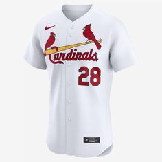 the st louis cardinals baseball jersey is white with red lettering on it and a yellow bat