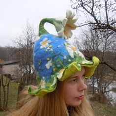 Beautiful bell shaped hat with meadow of daisies on it. Unique hat in which you will feel amazingly good. It is from natural material and created with love. Warmth, coziness, pleasure and festive feeling will embrace you. Good mood is guaranteed. A good gift for a good person. Hat has a wide usage: it can be a sauna hat, an everyday hat, or a hat for a special occasion or teapot warmer. As a sauna hat it will protect your head and hair from the heat, as a street hat it will protect your head fro Whimsical Wide Brim Winter Hat, Whimsical Winter Hat With Short Brim, Whimsical Hat With Curved Brim, Whimsical Curved Brim Hat For Spring, Whimsical Winter Hats With Curved Brim, Whimsical Spring Hat With Curved Brim, Whimsical Winter Brimmed Felt Hat, Handmade Whimsical Felt Hat With Short Brim, Whimsical Fitted Brimmed Hat