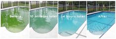 before and after photos of a swimming pool with clear glass walls to protect it from the sun