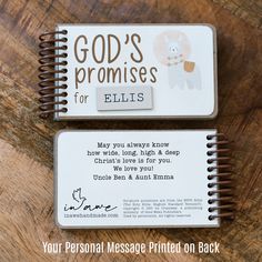 two personal message cards on top of a wooden table with the words god's promises for ellis