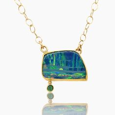 Boulder Opal and Emerald Gold Necklace by Lori Kaplan (Gold & Stone Necklace) | Artful Home Unique Yellow Gold Necklace With Cabochon, One-of-a-kind Fine Jewelry Pendant Necklace, 14k Gold Cabochon Necklace Fine Jewelry, Yellow Gold Emerald Pendant Necklace With Gemstone Accents, Fine Jewelry Pendant Necklace With Cabochon, Unique Yellow Gold Opal Necklaces, Fine Jewelry Cabochon Pendant Necklace, Unique Yellow Gold Opal Necklace, Nyc Necklace